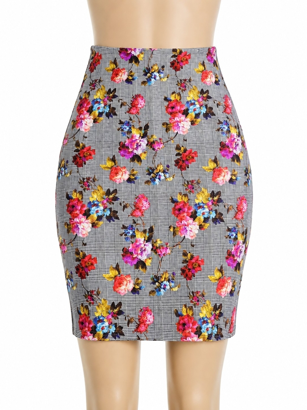 ECI Grey Plaid Pencil Skirt with Pink, Red & Yellow Floral Print